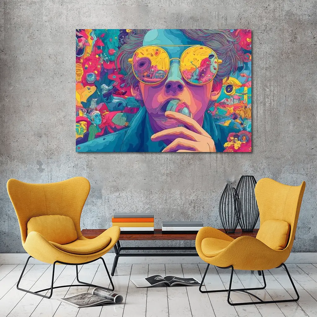 Psychedelic Man Sunglasses Colorful Surreal Background – Wall Art