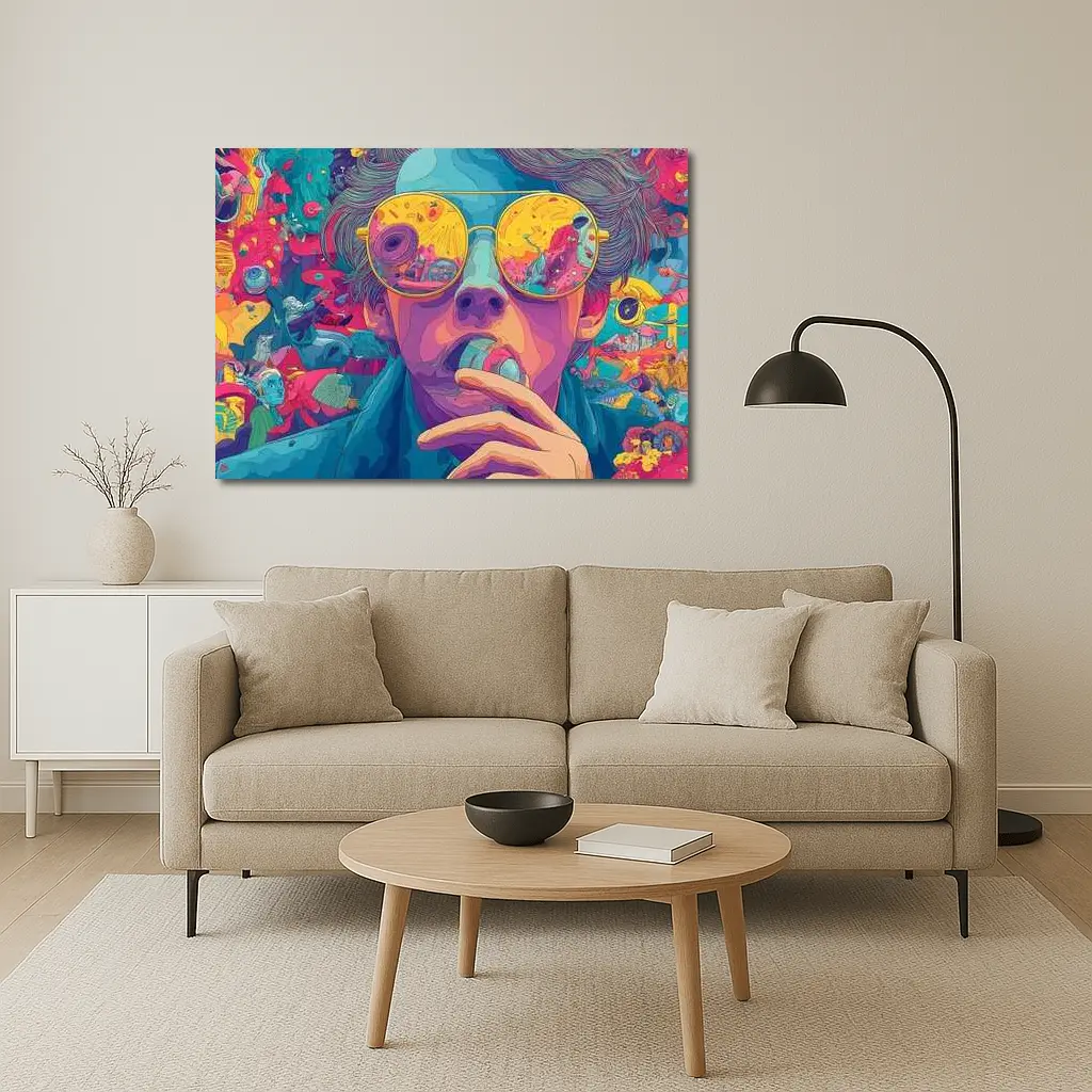 Psychedelic Man Sunglasses Colorful Surreal Background – Wall Art