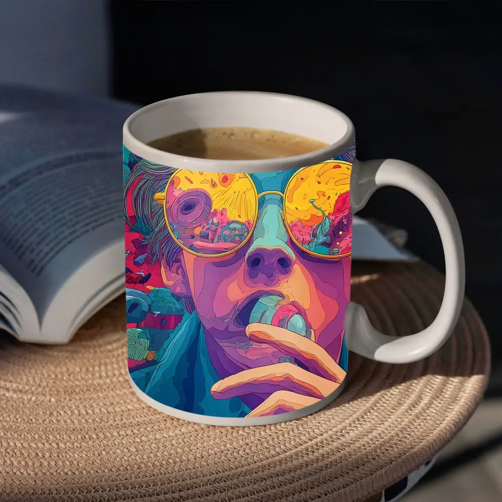 Psychedelic Man Sunglasses Colorful Surreal Background – Mugs