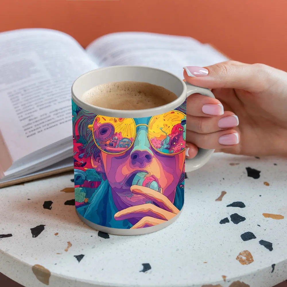 Psychedelic Man Sunglasses Colorful Surreal Background – Mugs