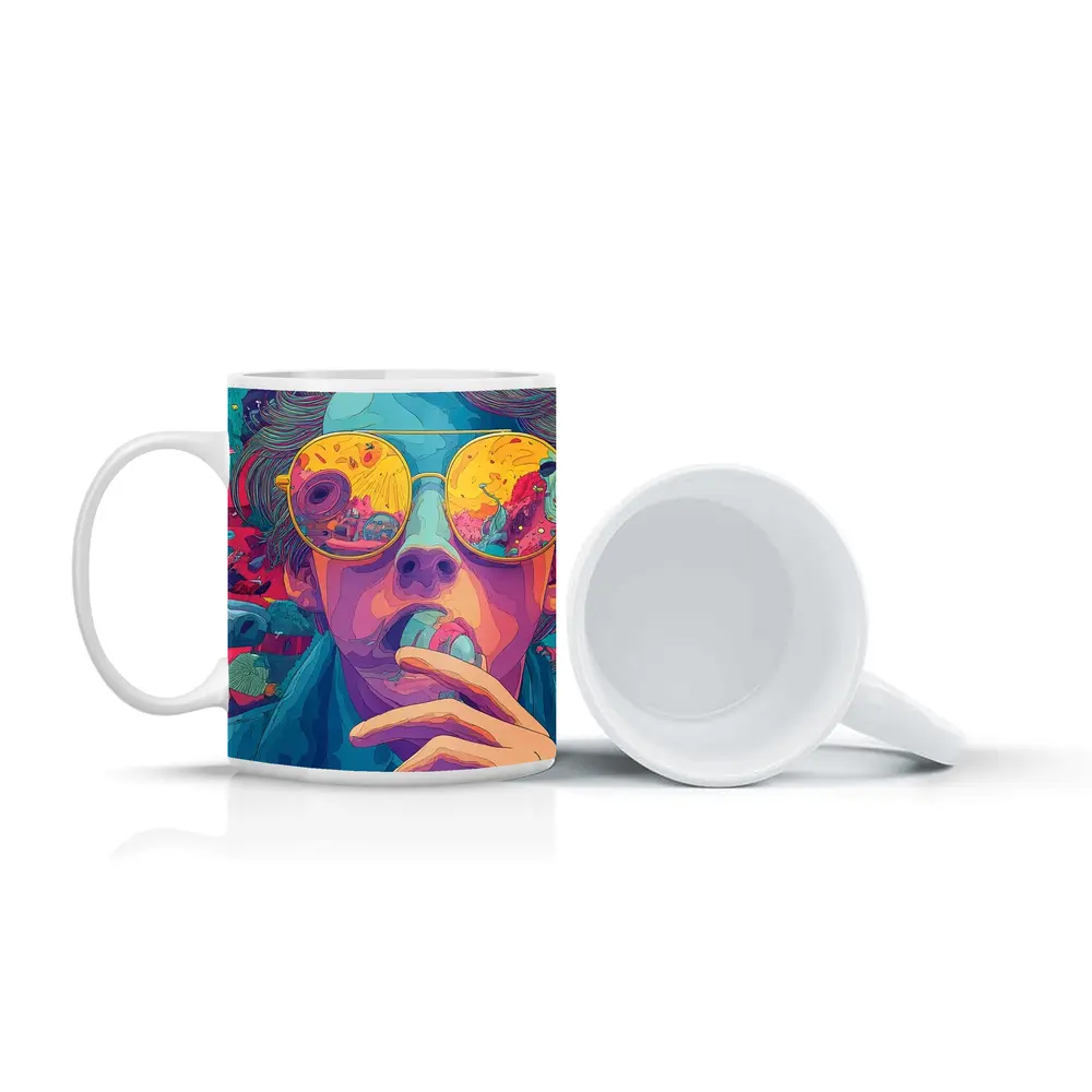 Psychedelic Man Sunglasses Colorful Surreal Background – Mugs