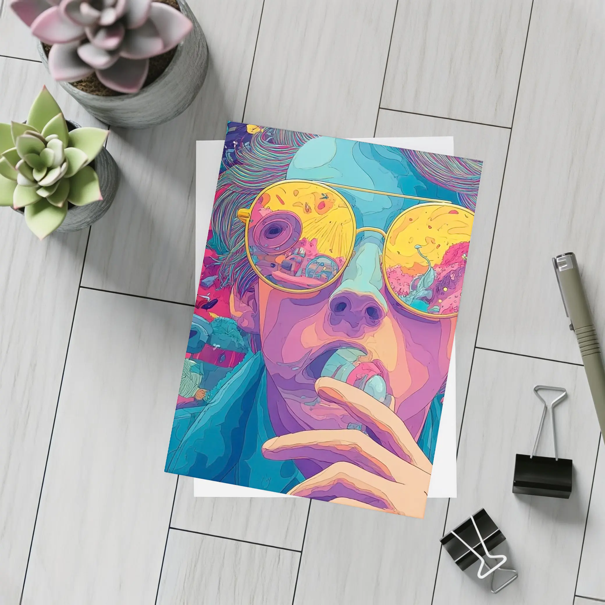 Psychedelic Man Sunglasses Colorful Surreal Background – Postcards