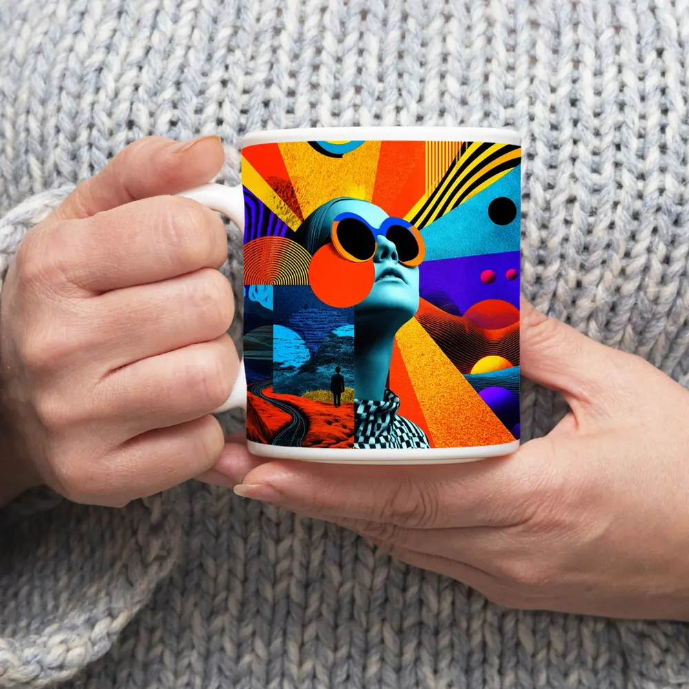 Retro Collage Woman Sunglasses Psychedelic Pop Art – Mugs