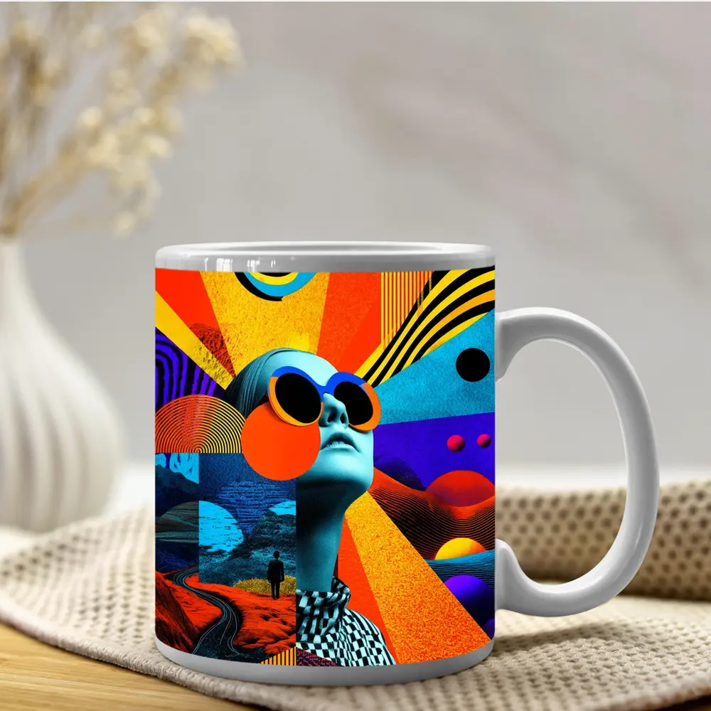 Retro Collage Woman Sunglasses Psychedelic Pop Art – Mugs