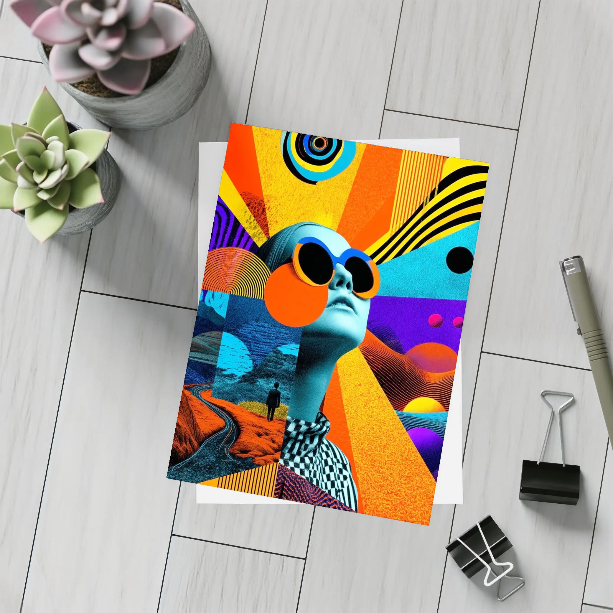 Retro Collage Woman Sunglasses Psychedelic Pop Art – Postcards