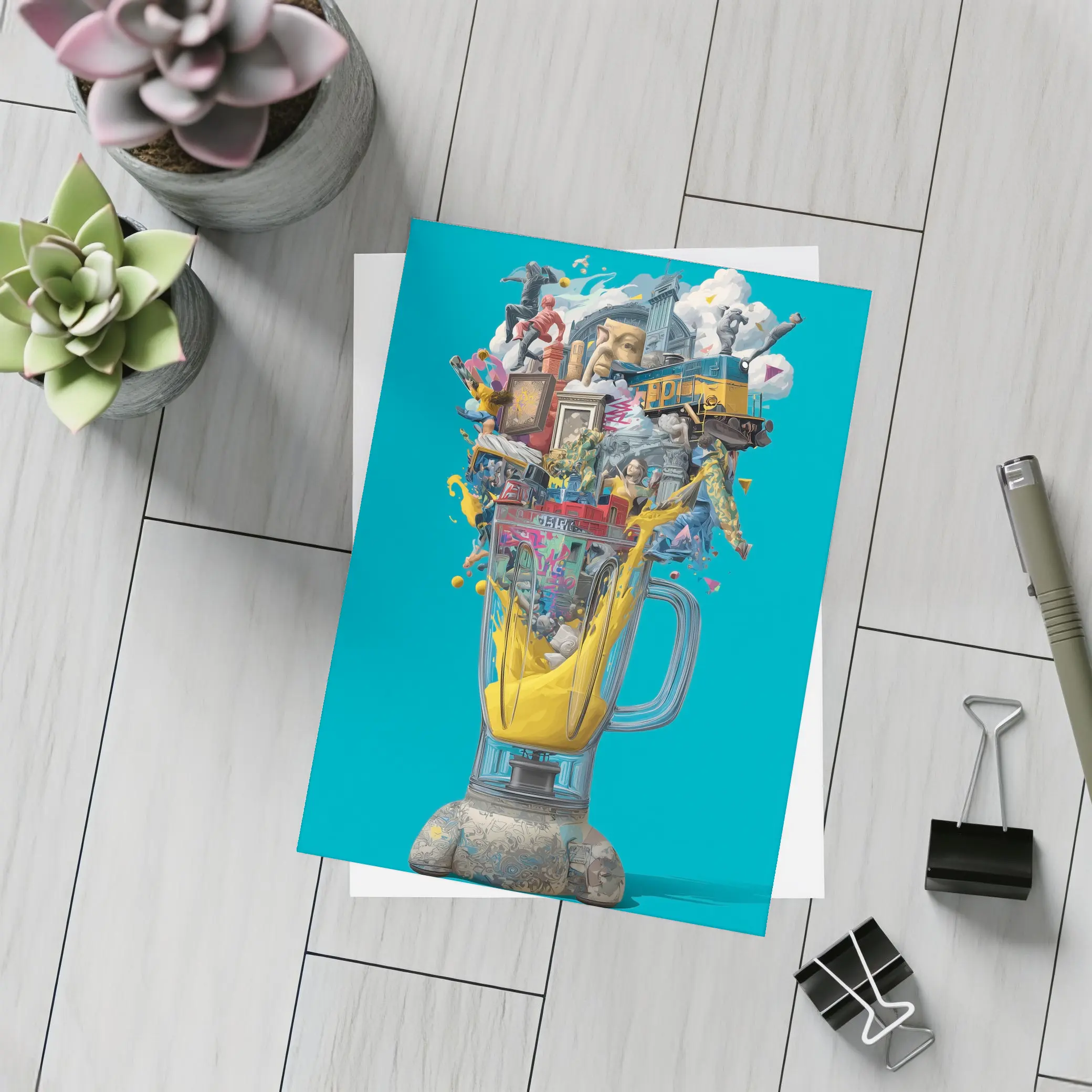 Surreal Blender Pop Art Teal Background – Postcards