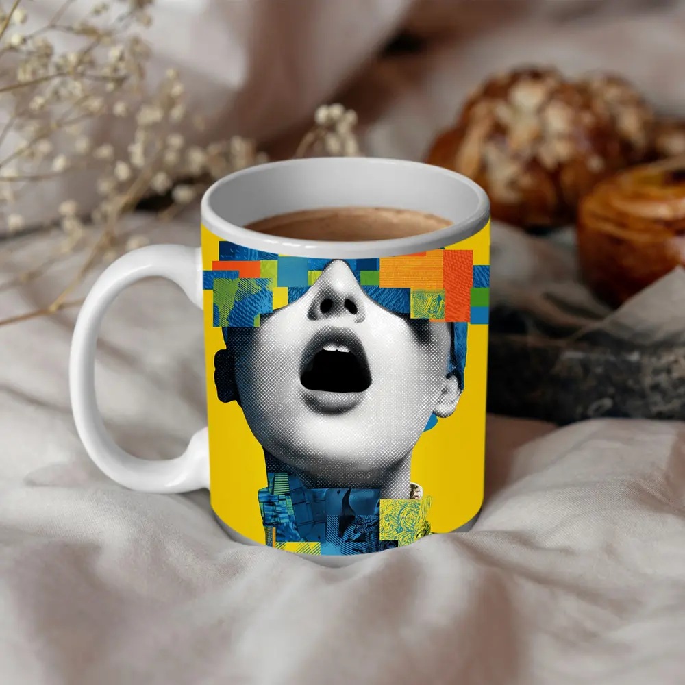 Pop Art Woman Collage Yellow Background – Mugs