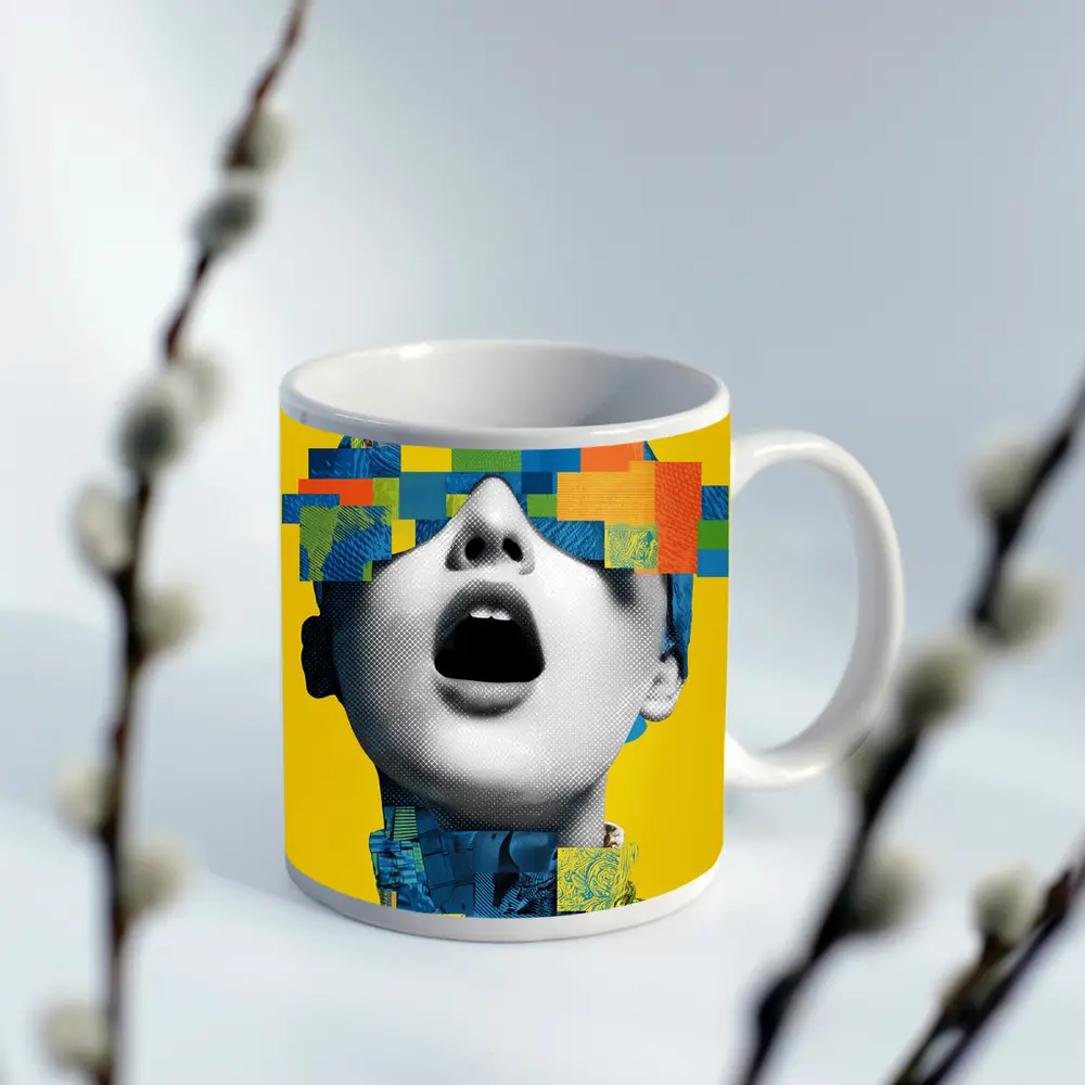 Pop Art Woman Collage Yellow Background – Mugs
