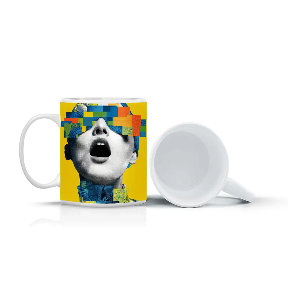 Pop Art Woman Collage Yellow Background – Mugs