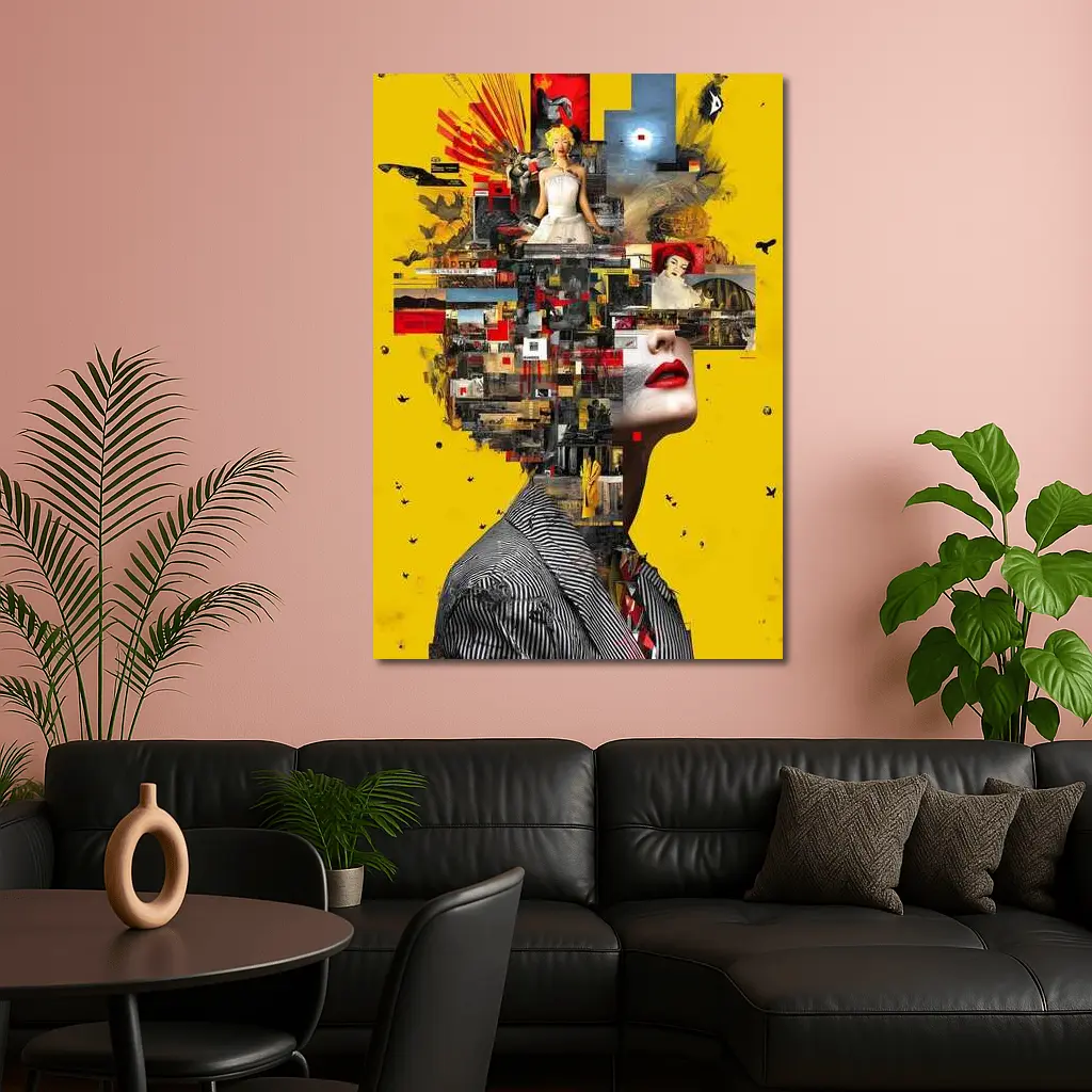 Collage Woman Portrait On Yellow Background – Wall Art