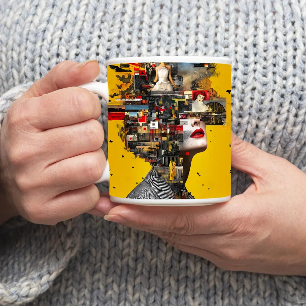 Collage Woman Portrait On Yellow Background – Mugs