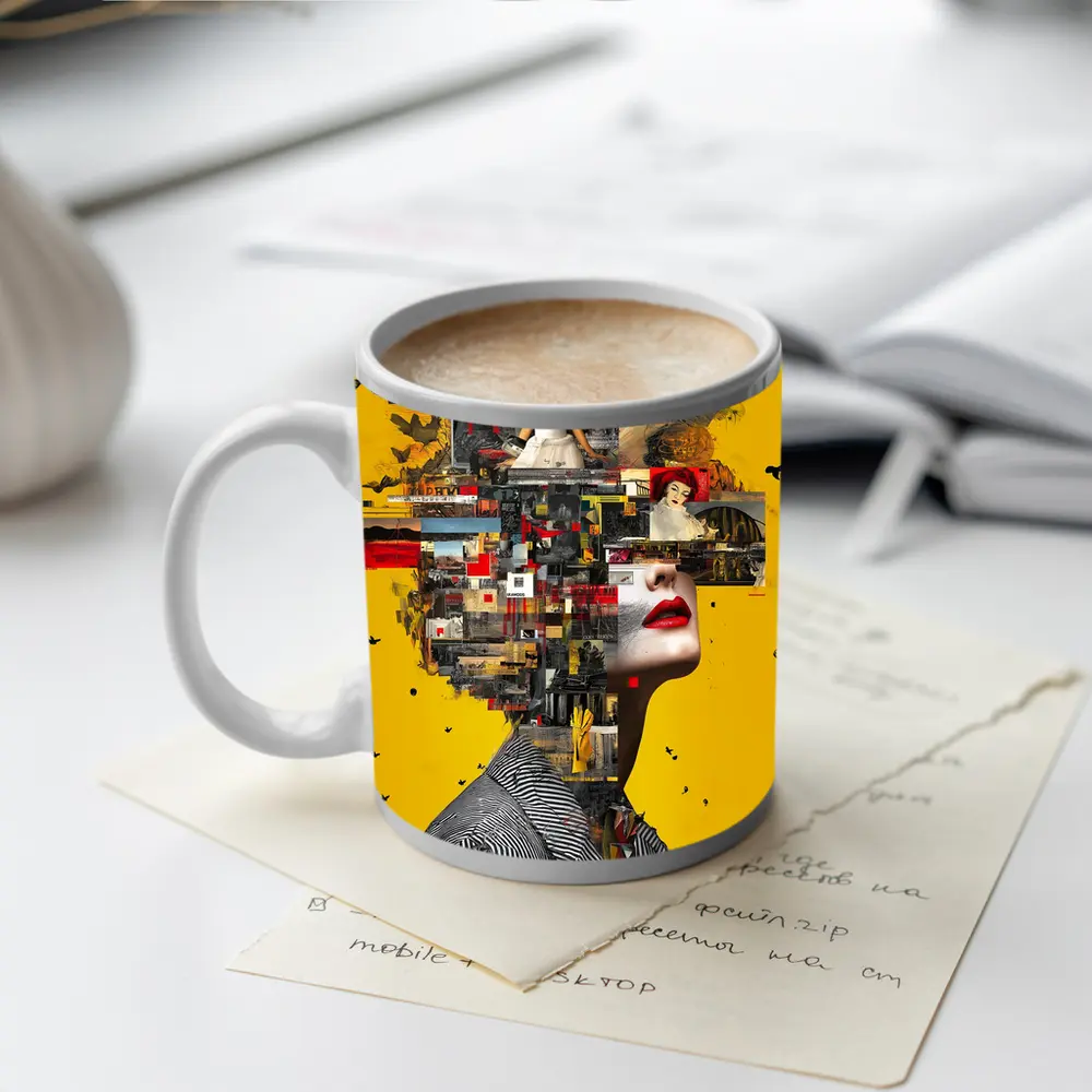 Collage Woman Portrait On Yellow Background – Mugs