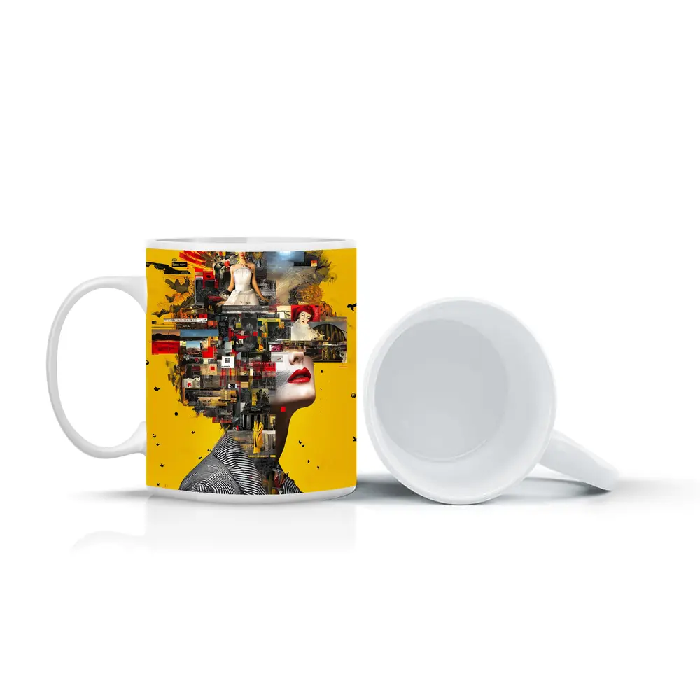 Collage Woman Portrait On Yellow Background – Mugs