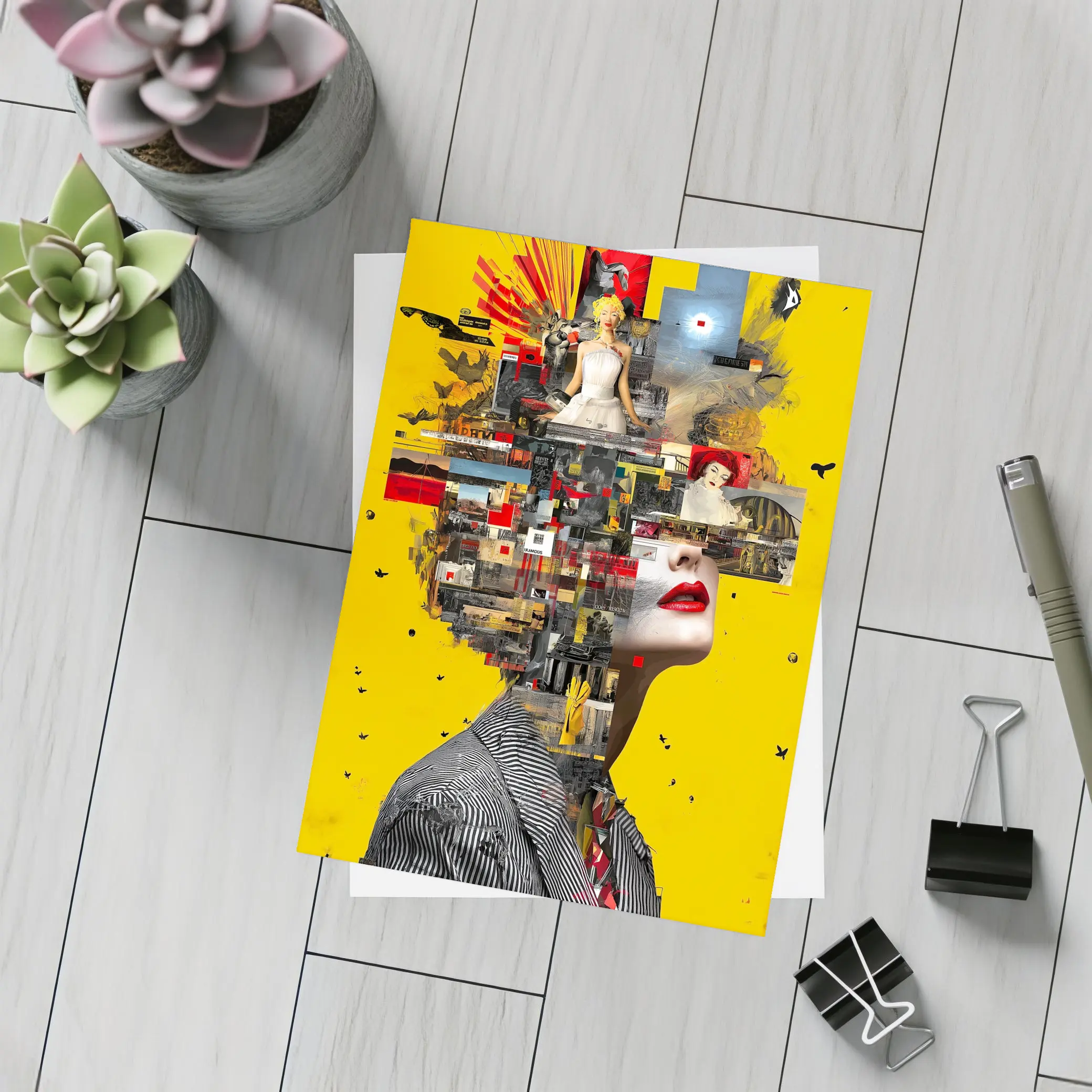 Collage Woman Portrait On Yellow Background – Postcards