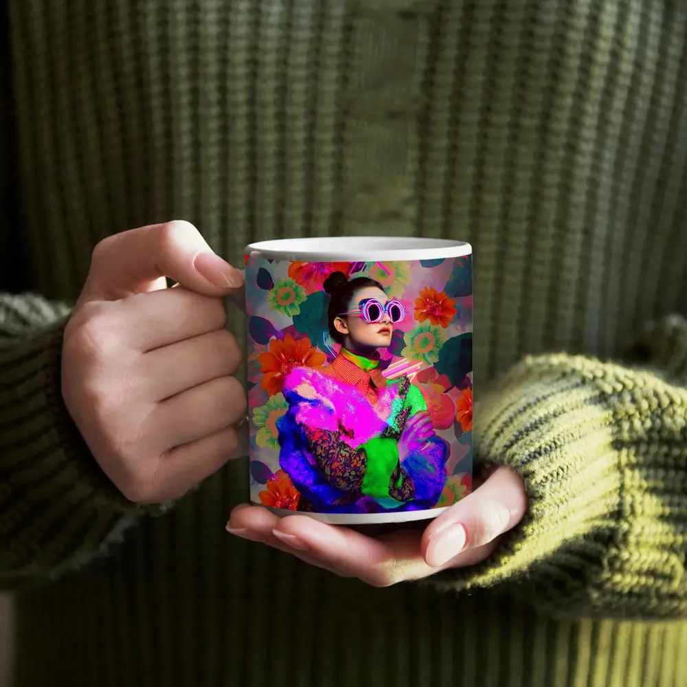 Neon Fashion Woman Floral Pop Art – Mugs