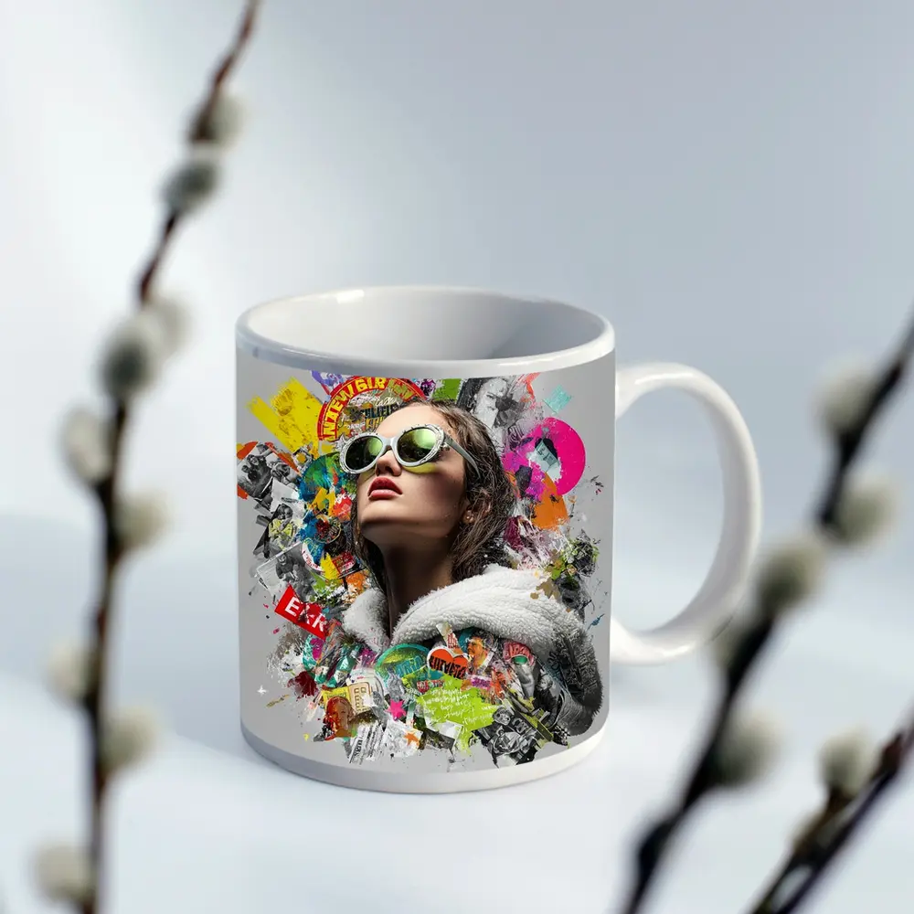 Woman Sunglasses Pop Art Collage Style – Mugs