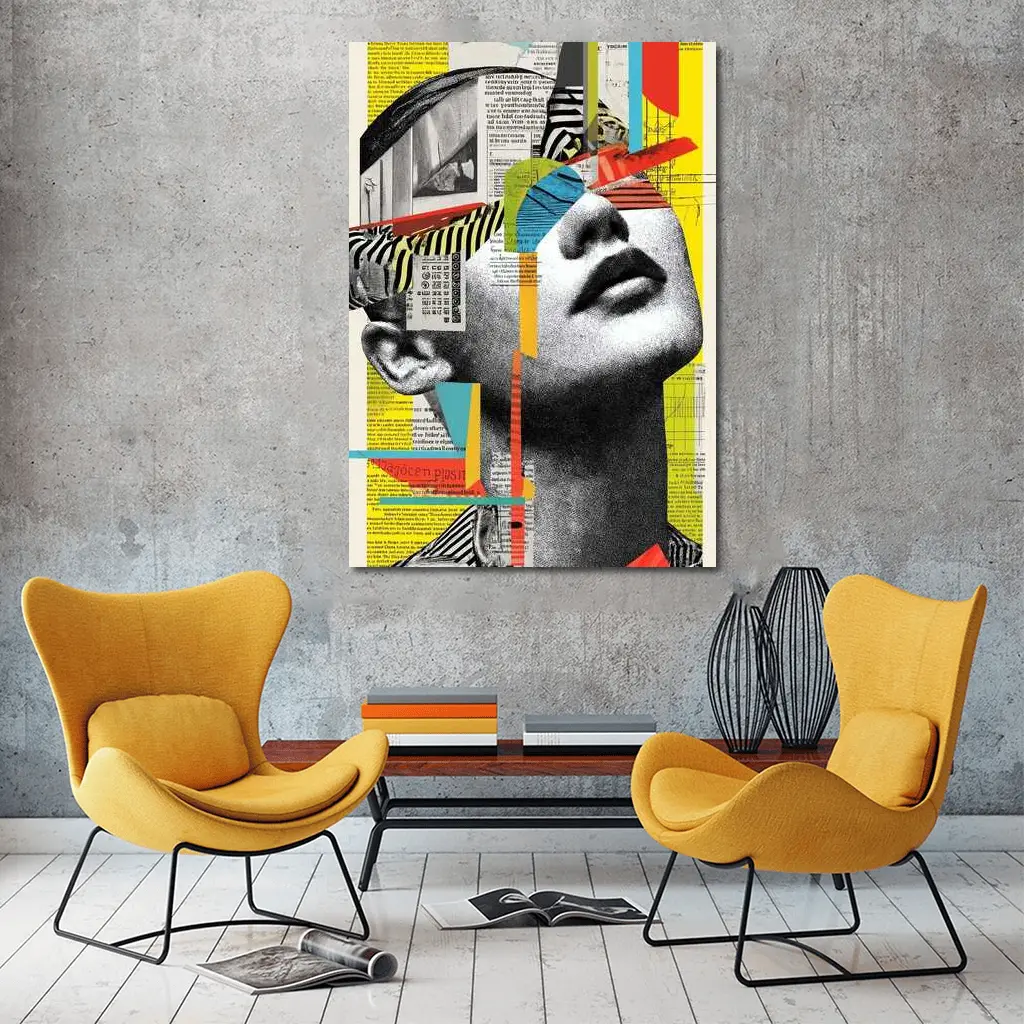 Woman Collage Art Newspaper Bold Colors – Wall Art