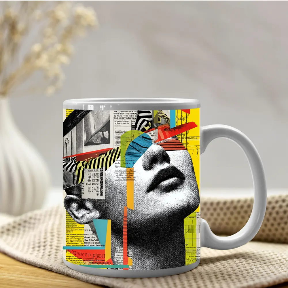 Woman Collage Art Newspaper Bold Colors – Mugs