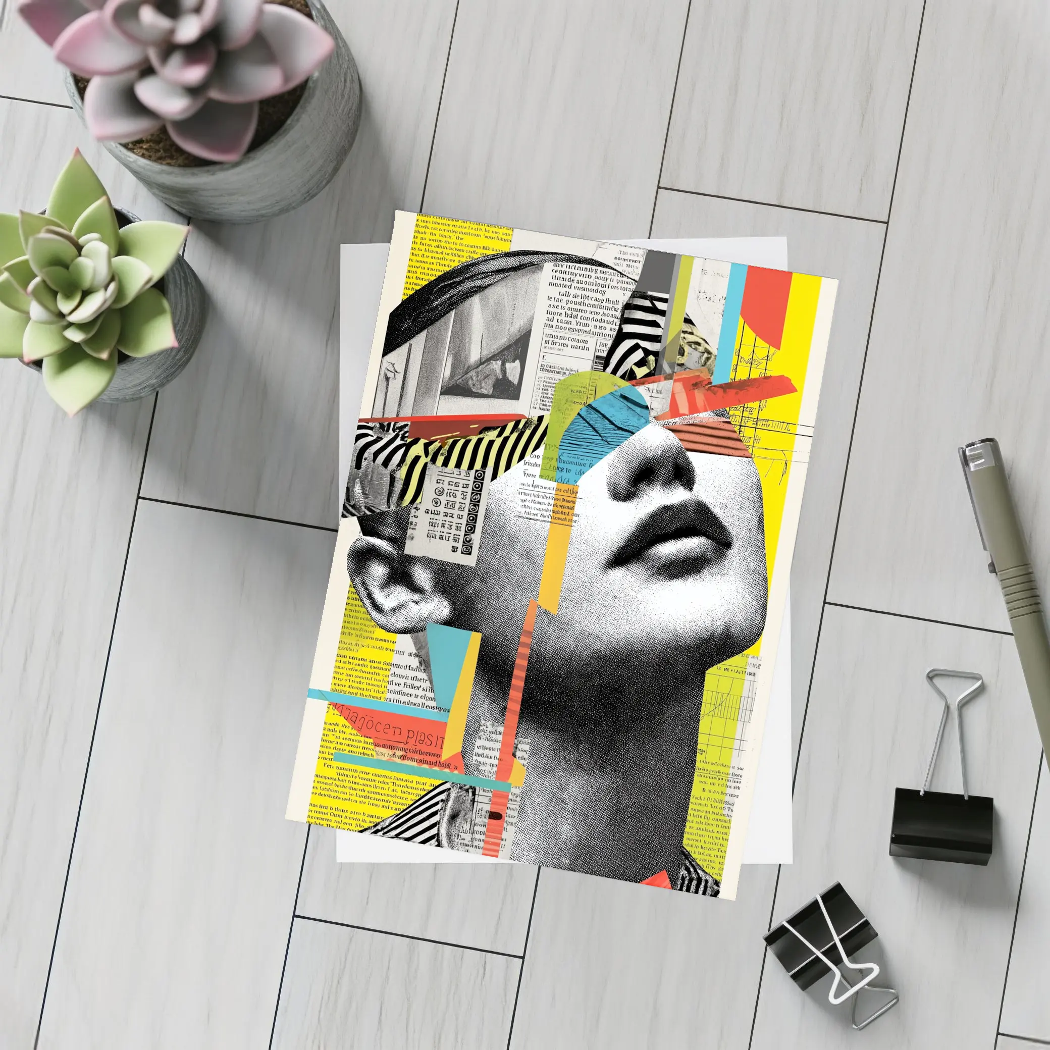 Woman Collage Art Newspaper Bold Colors – Postcards
