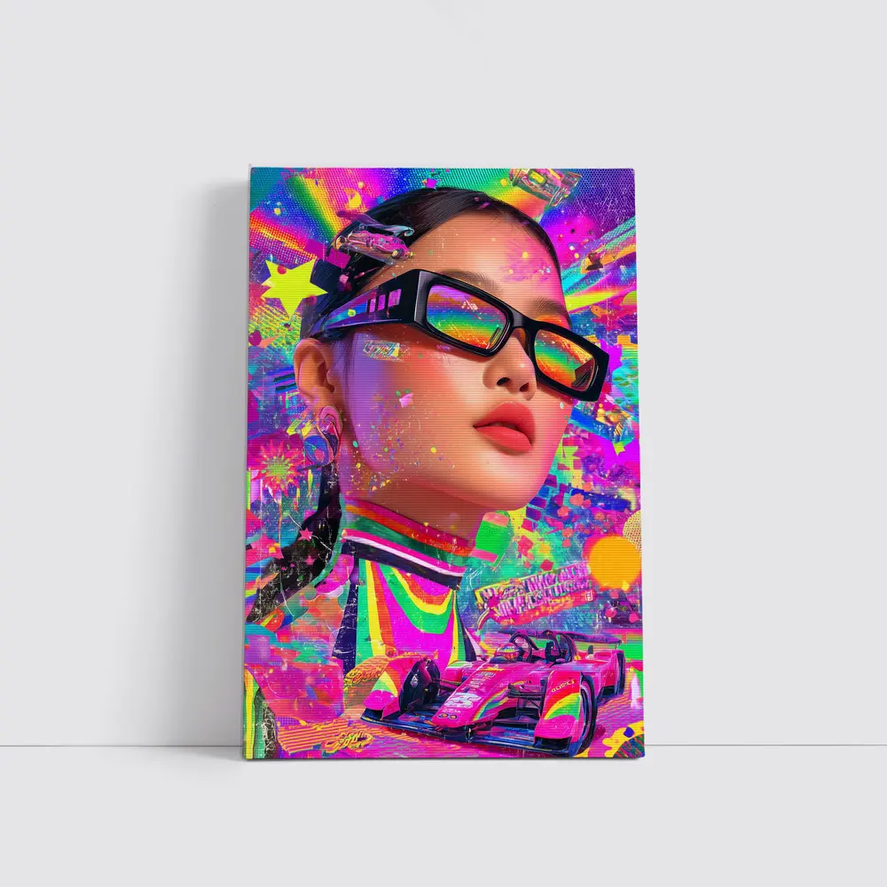 Neon Pop Art Woman Formula Racing Car – Wall Art