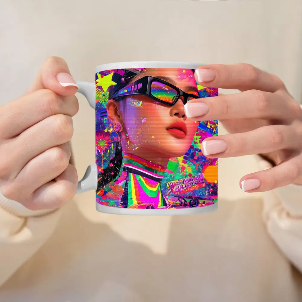 Neon Pop Art Woman Formula Racing Car – Mugs