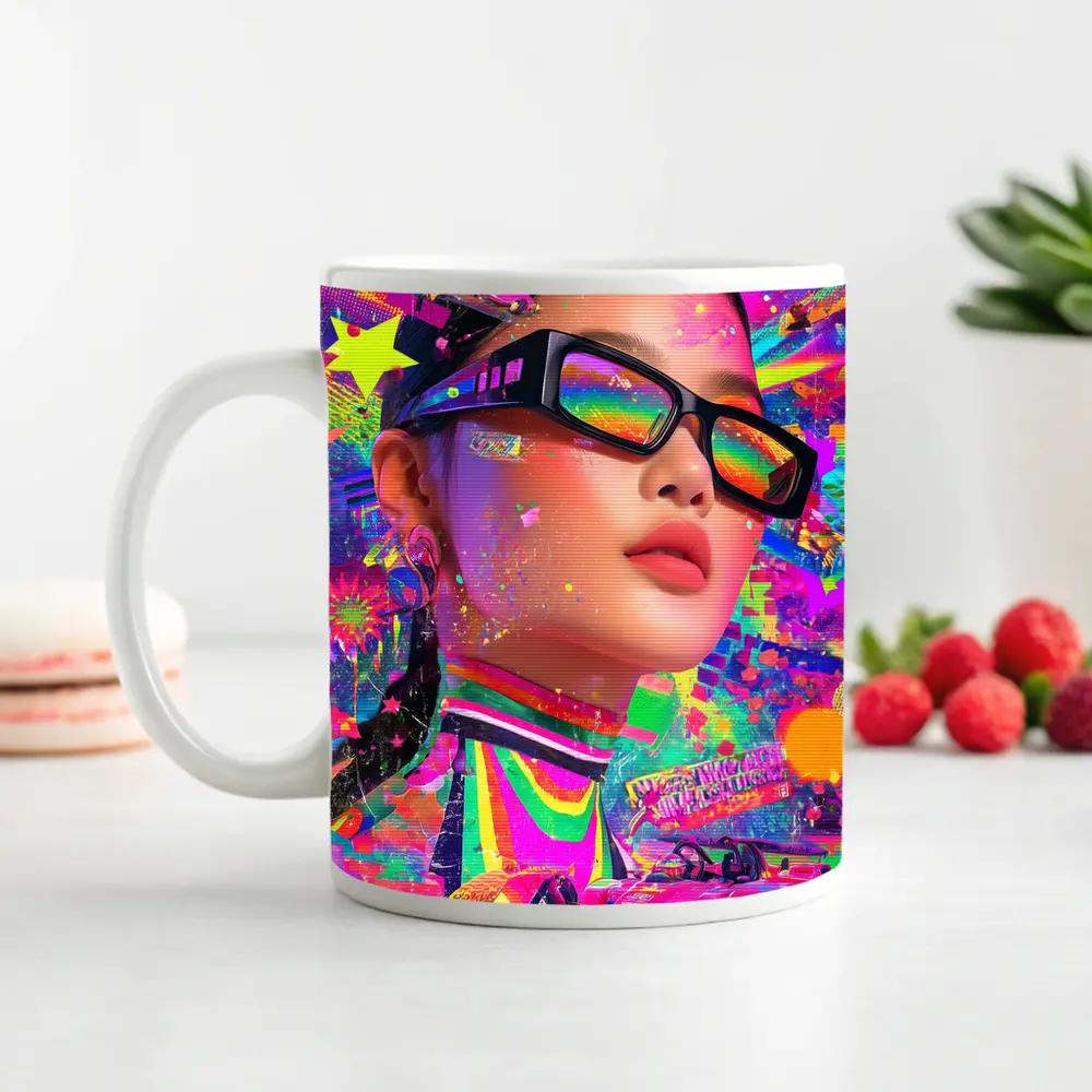 Neon Pop Art Woman Formula Racing Car – Mugs