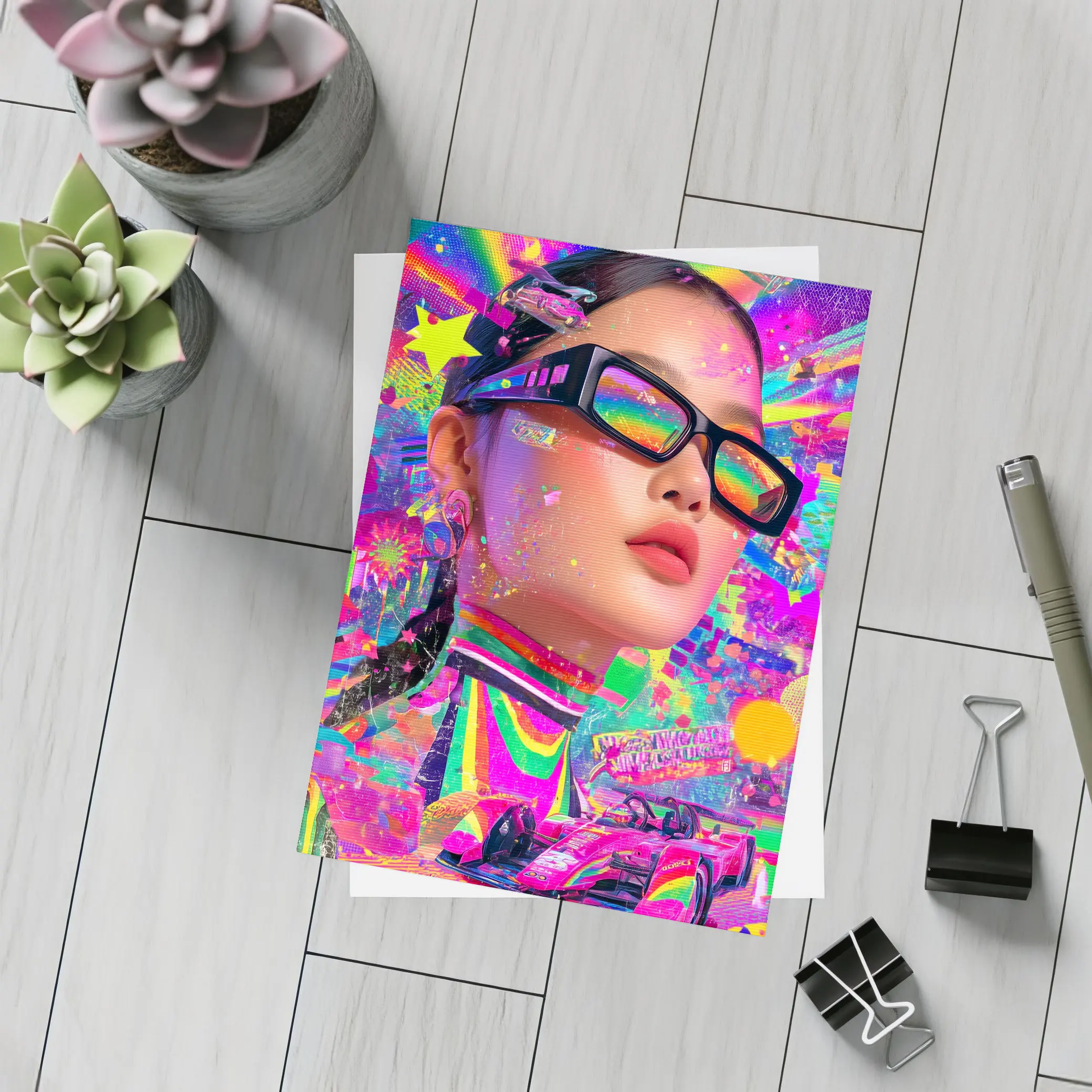 Neon Pop Art Woman Formula Racing Car – Postcards