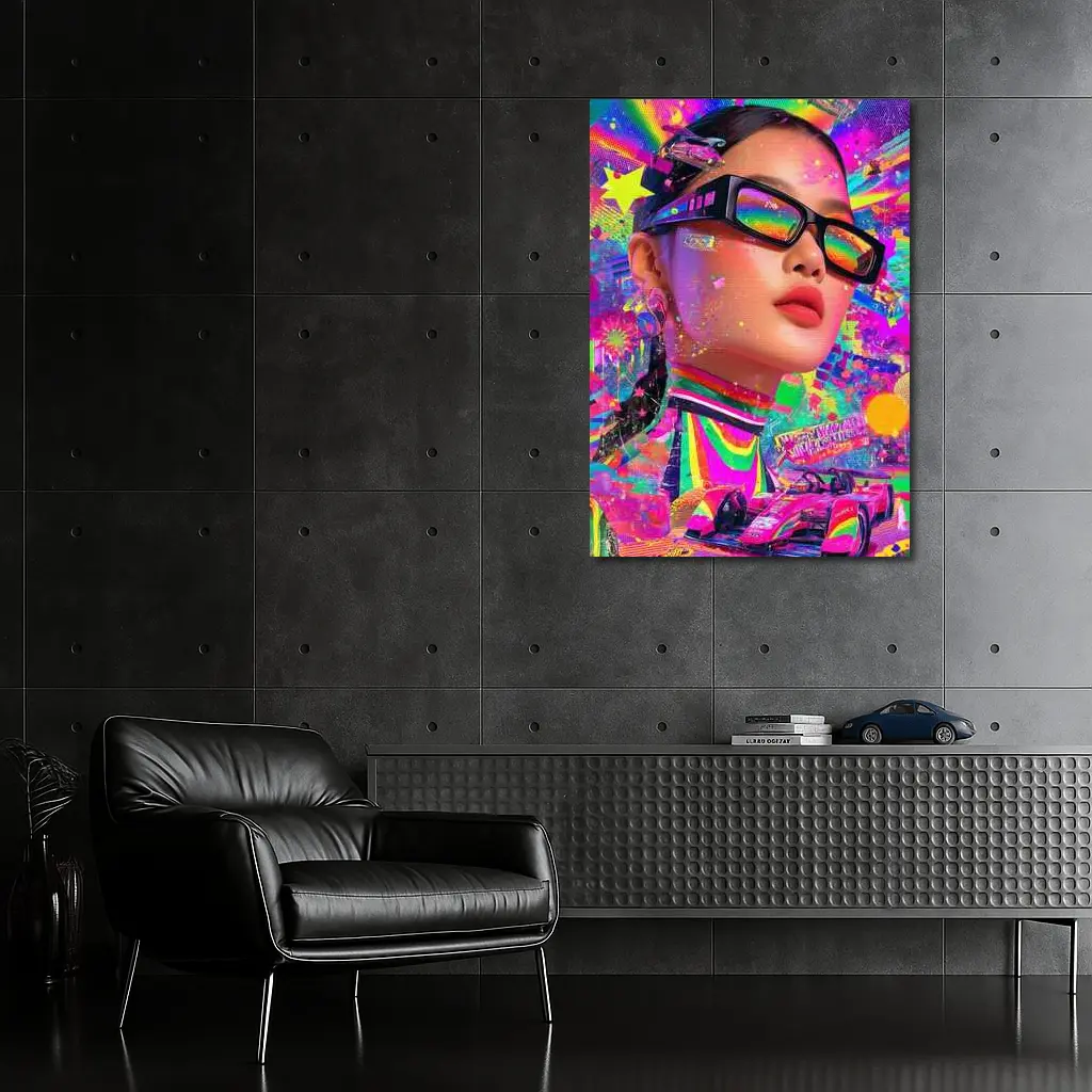 Neon Pop Art Woman Formula Racing Car – Wall Art