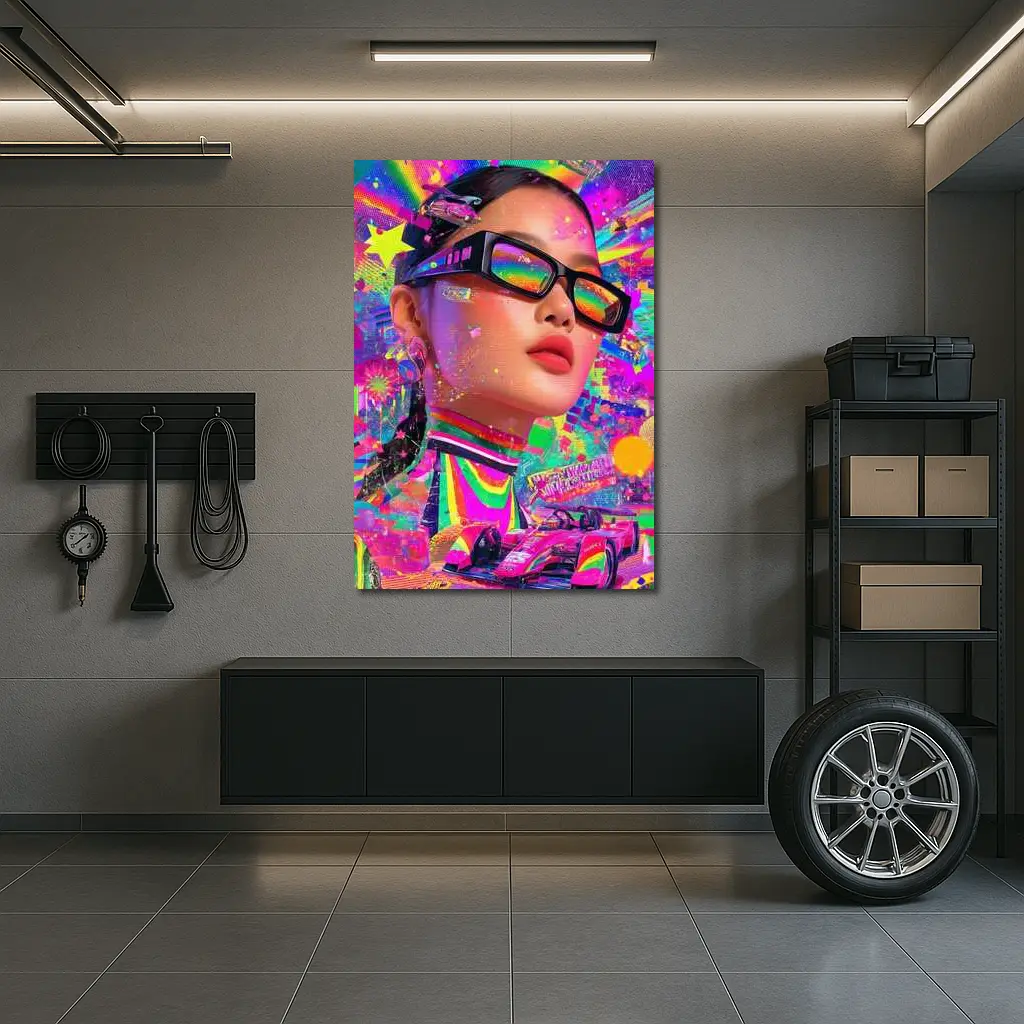 Neon Pop Art Woman Formula Racing Car – Wall Art