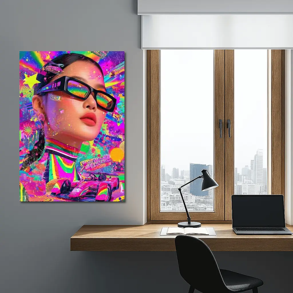 Neon Pop Art Woman Formula Racing Car – Wall Art