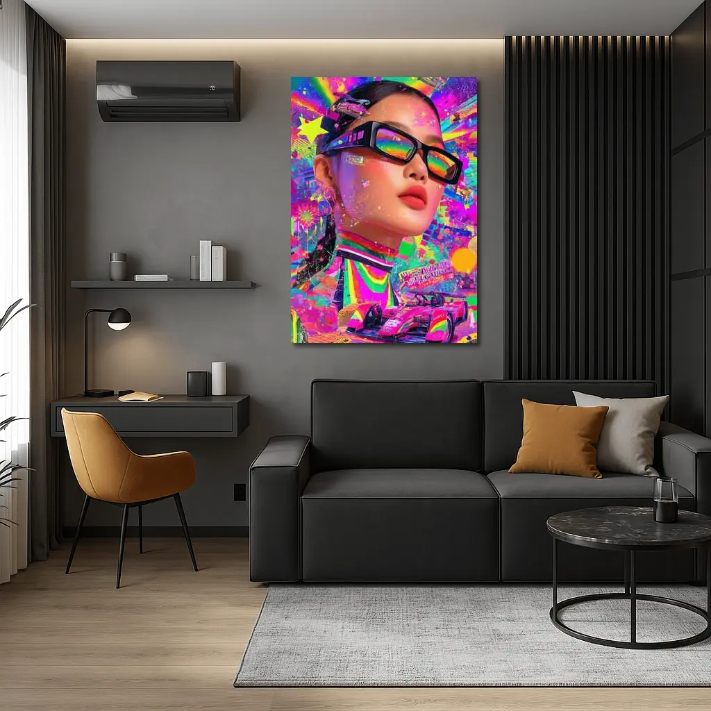 Neon Pop Art Woman Formula Racing Car – Wall Art