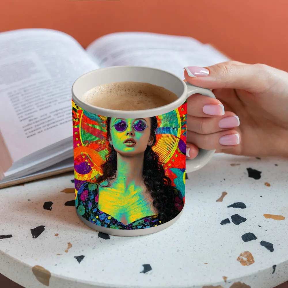 Psychedelic Woman Portrait Colorful Abstract Background – Mugs