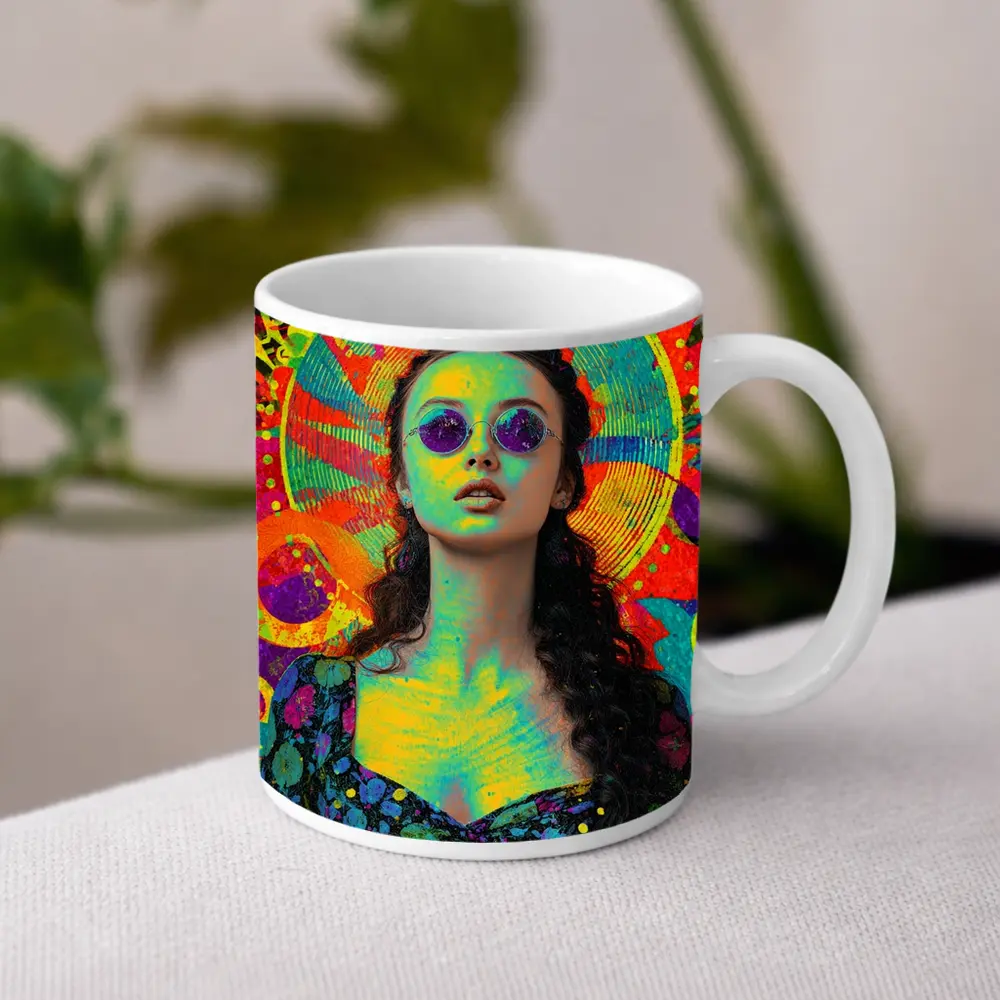 Psychedelic Woman Portrait Colorful Abstract Background – Mugs