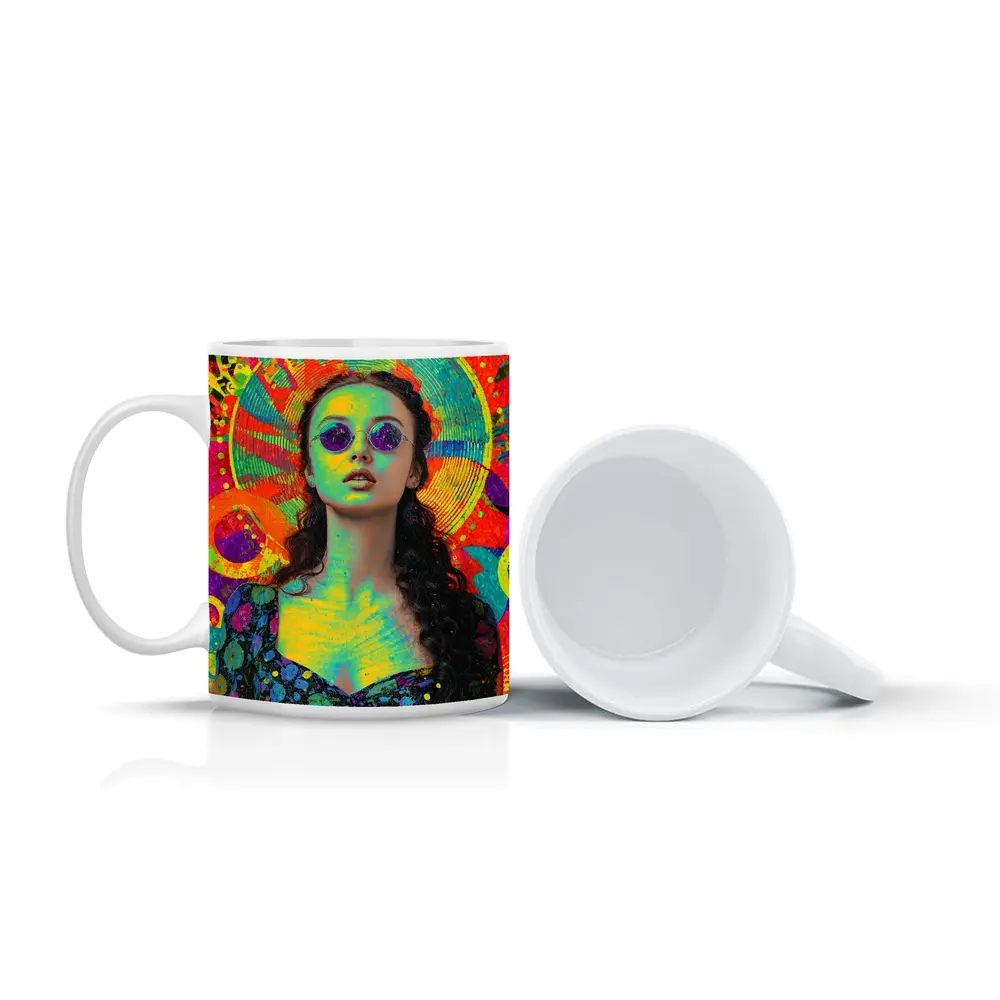 Psychedelic Woman Portrait Colorful Abstract Background – Mugs