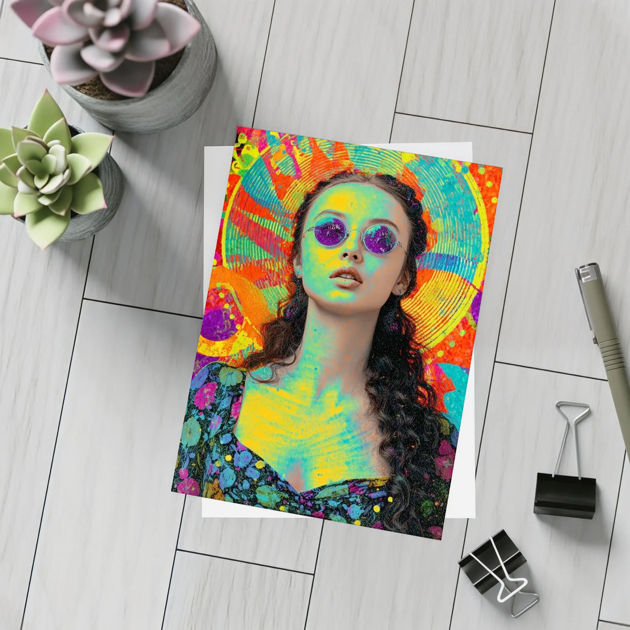Psychedelic Woman Portrait Colorful Abstract Background – Postcards