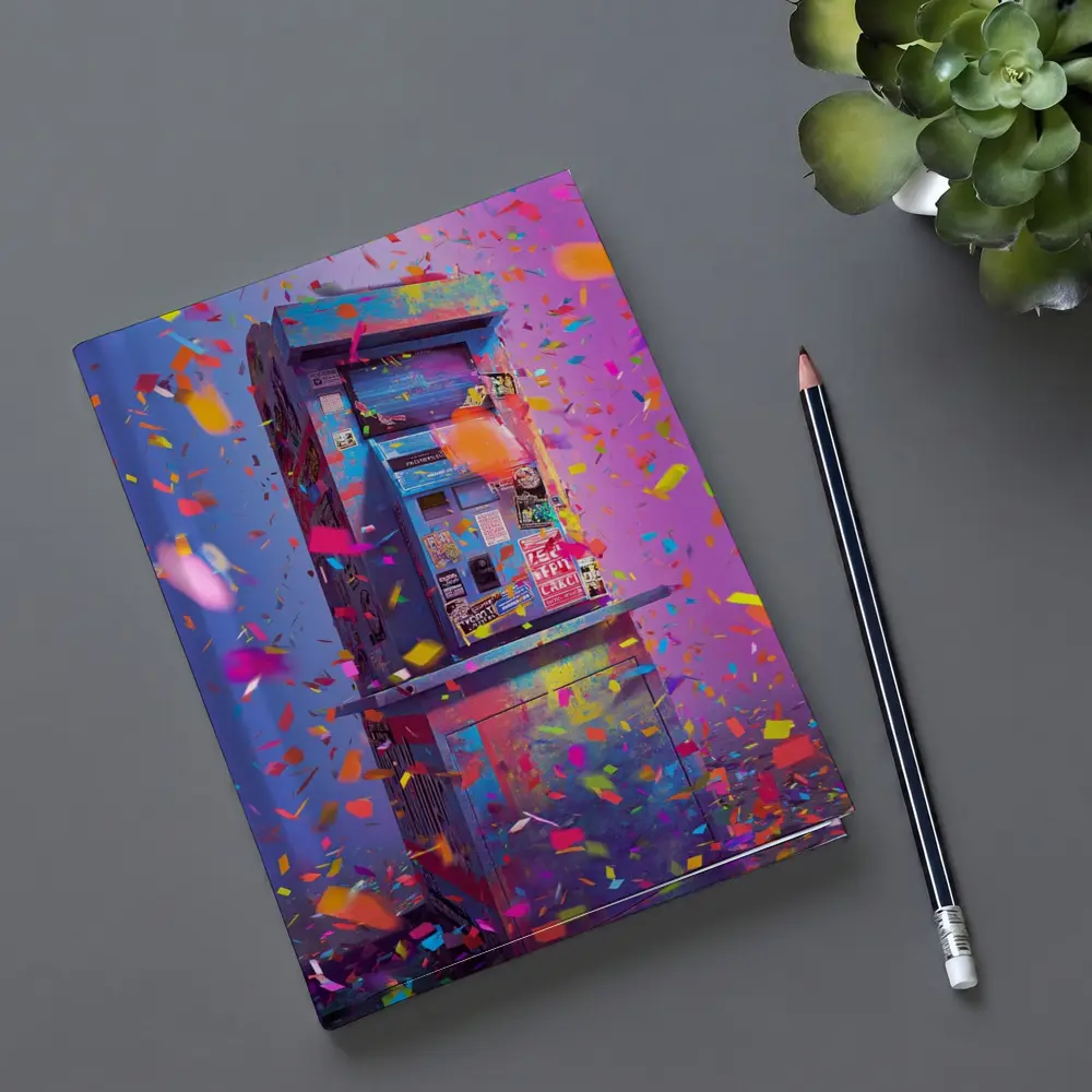 Colorful Arcade Machine Confetti Purple Background – Notebooks