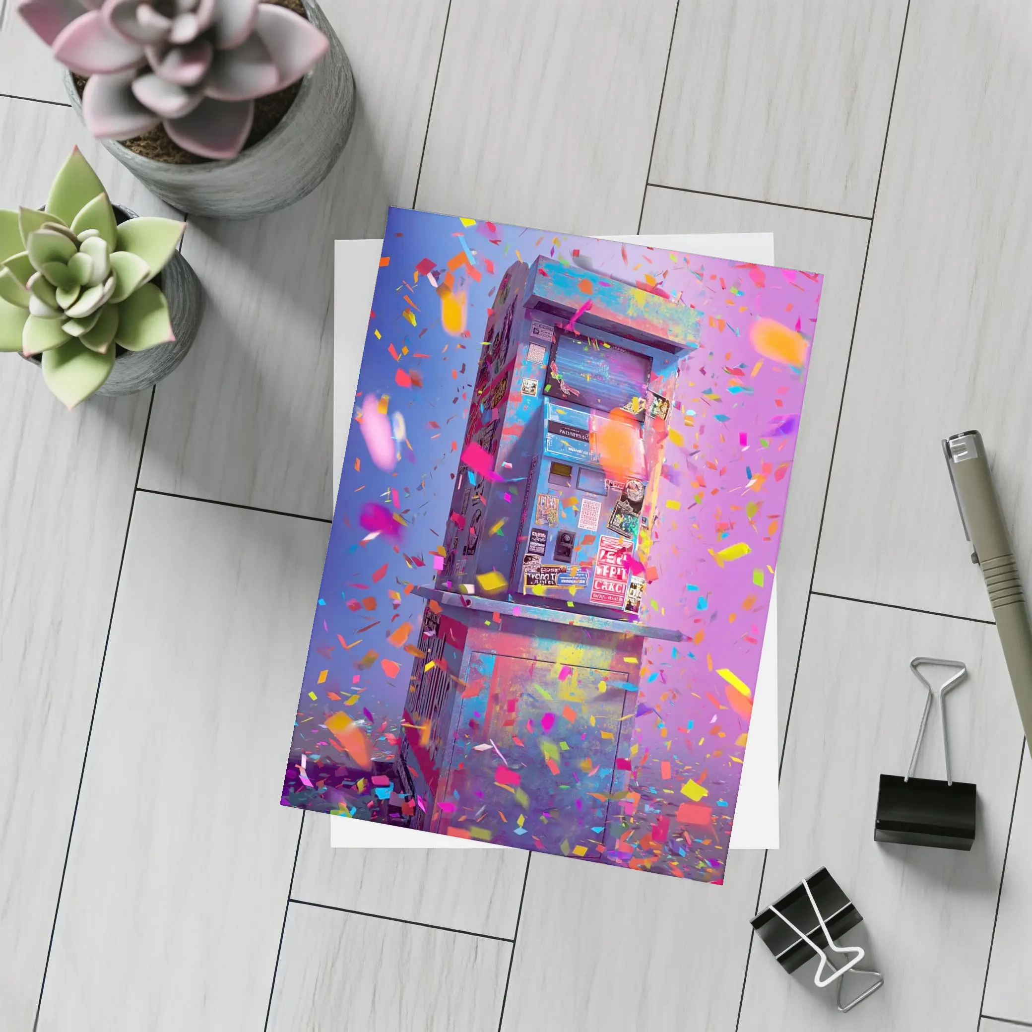 Colorful Arcade Machine Confetti Purple Background – Postcards