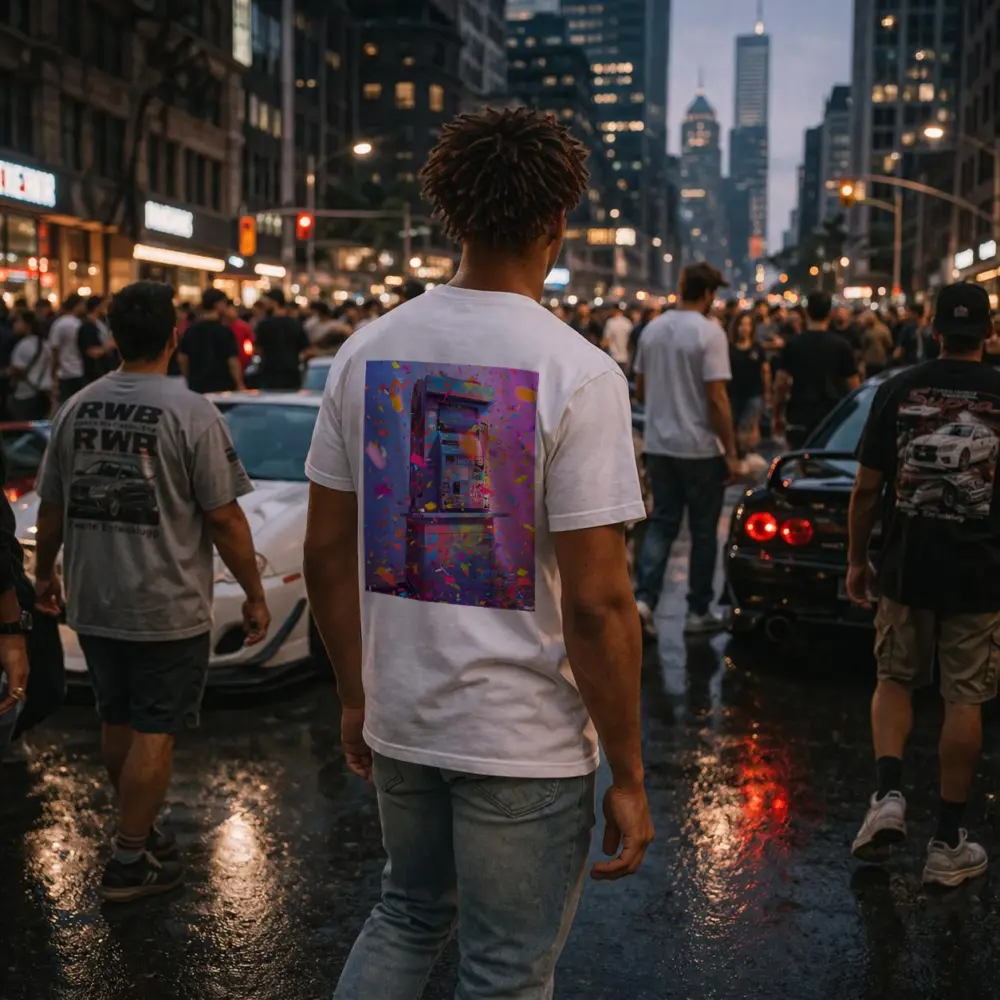 Colorful Arcade Machine Confetti Purple Background – T-Shirts