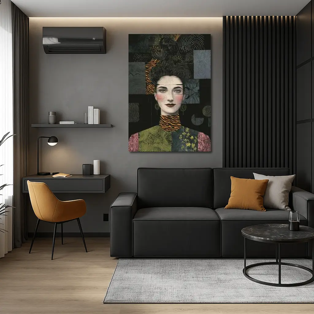 Woman Portrait Collage Mixed Pattern Dark Background – Wall Art
