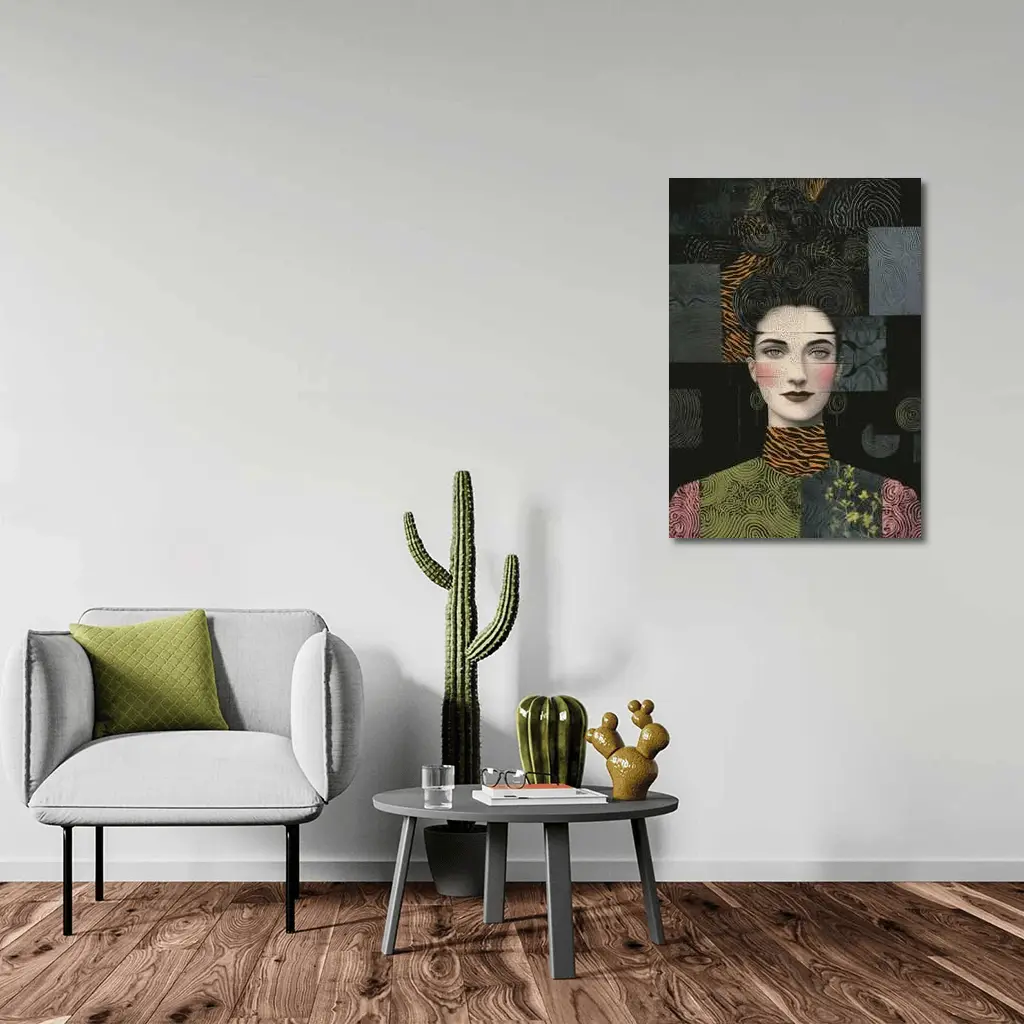 Woman Portrait Collage Mixed Pattern Dark Background – Wall Art