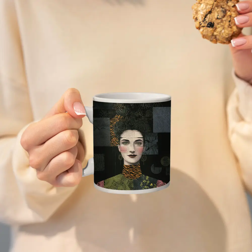 Woman Portrait Collage Mixed Pattern Dark Background – Mugs