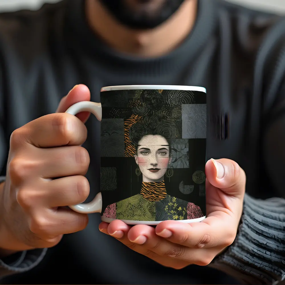 Woman Portrait Collage Mixed Pattern Dark Background – Mugs