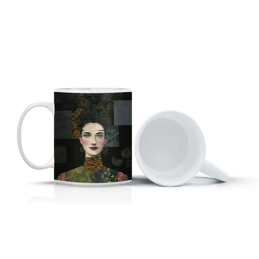 Woman Portrait Collage Mixed Pattern Dark Background – Mugs