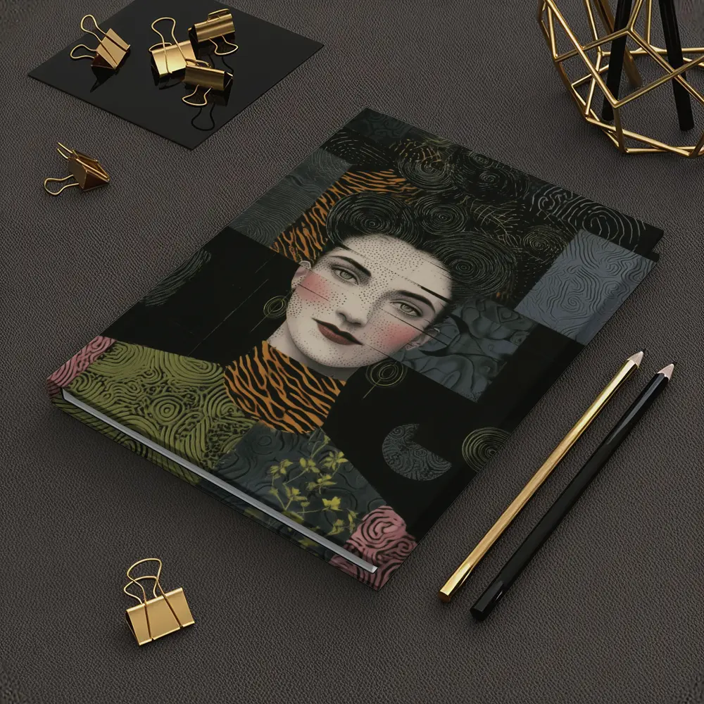 Woman Portrait Collage Mixed Pattern Dark Background – Notebooks