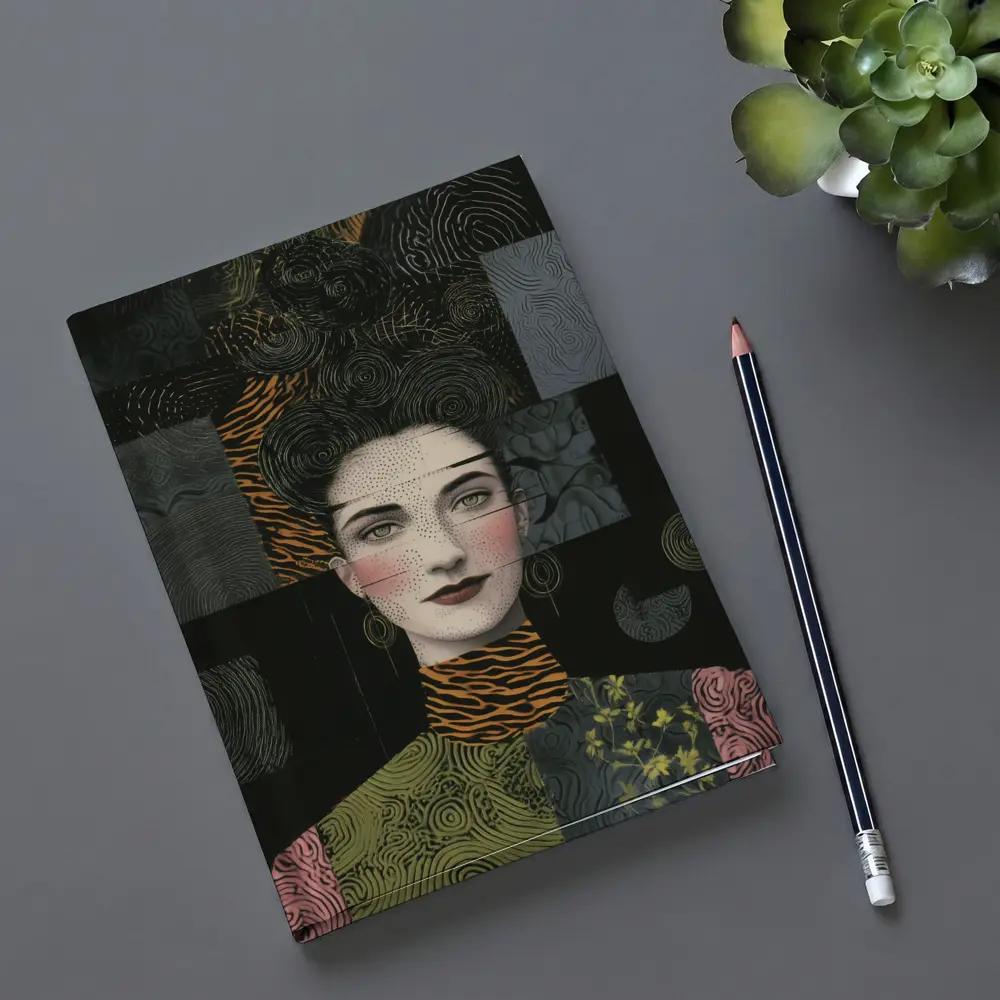 Woman Portrait Collage Mixed Pattern Dark Background – Notebooks