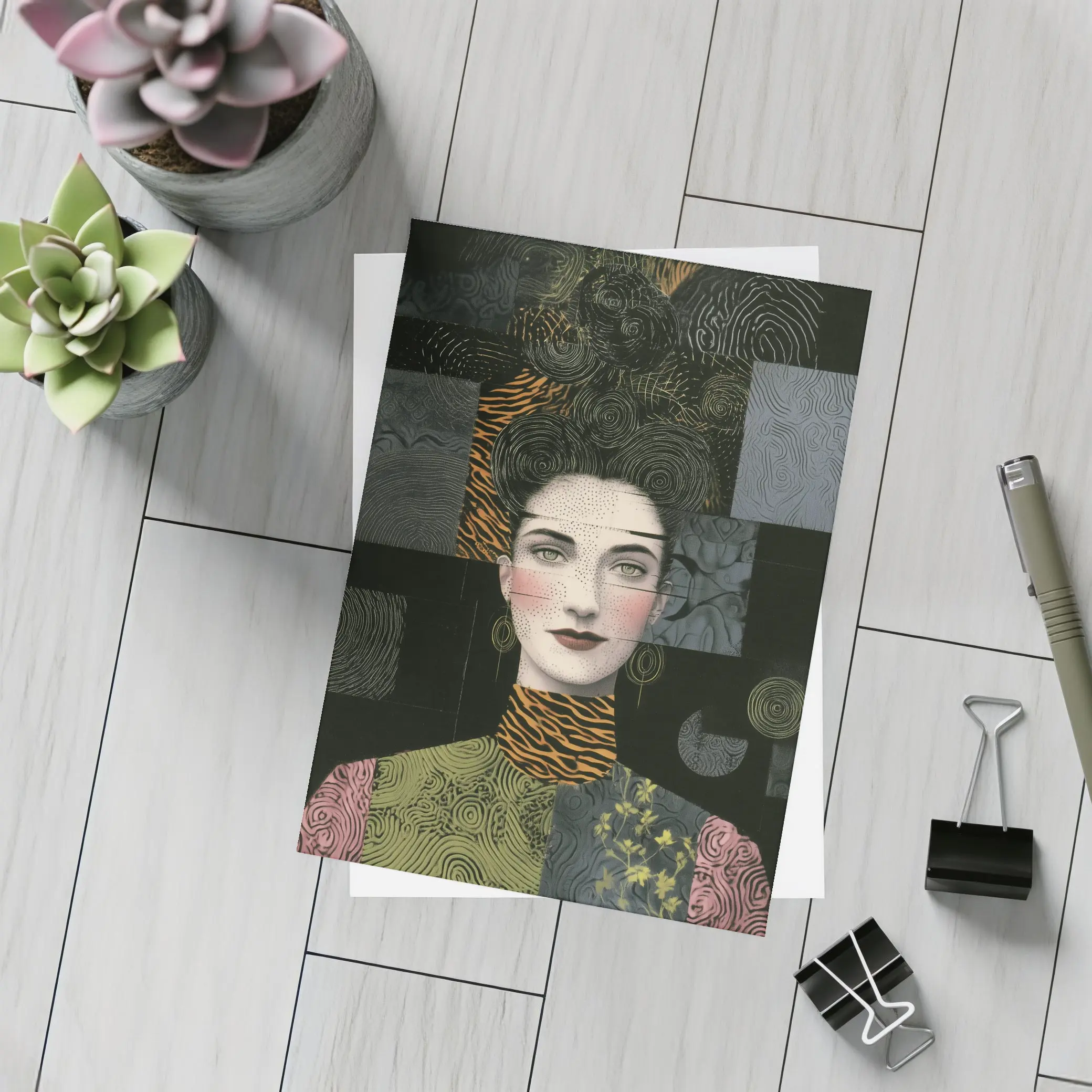 Woman Portrait Collage Mixed Pattern Dark Background – Postcards