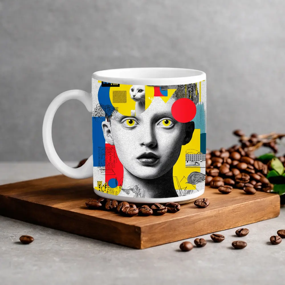 Pop Art Collage Woman With Yellow Eyes – Mugs
