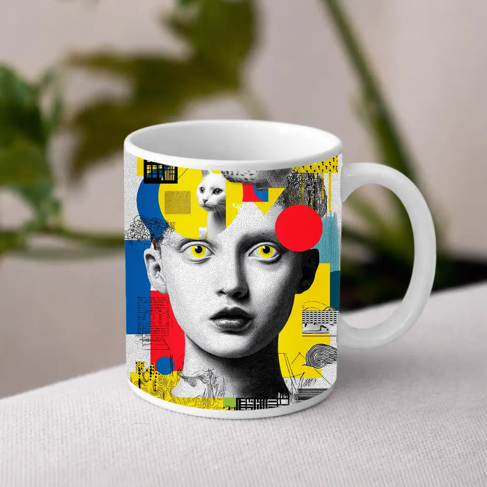 Pop Art Collage Woman With Yellow Eyes – Mugs