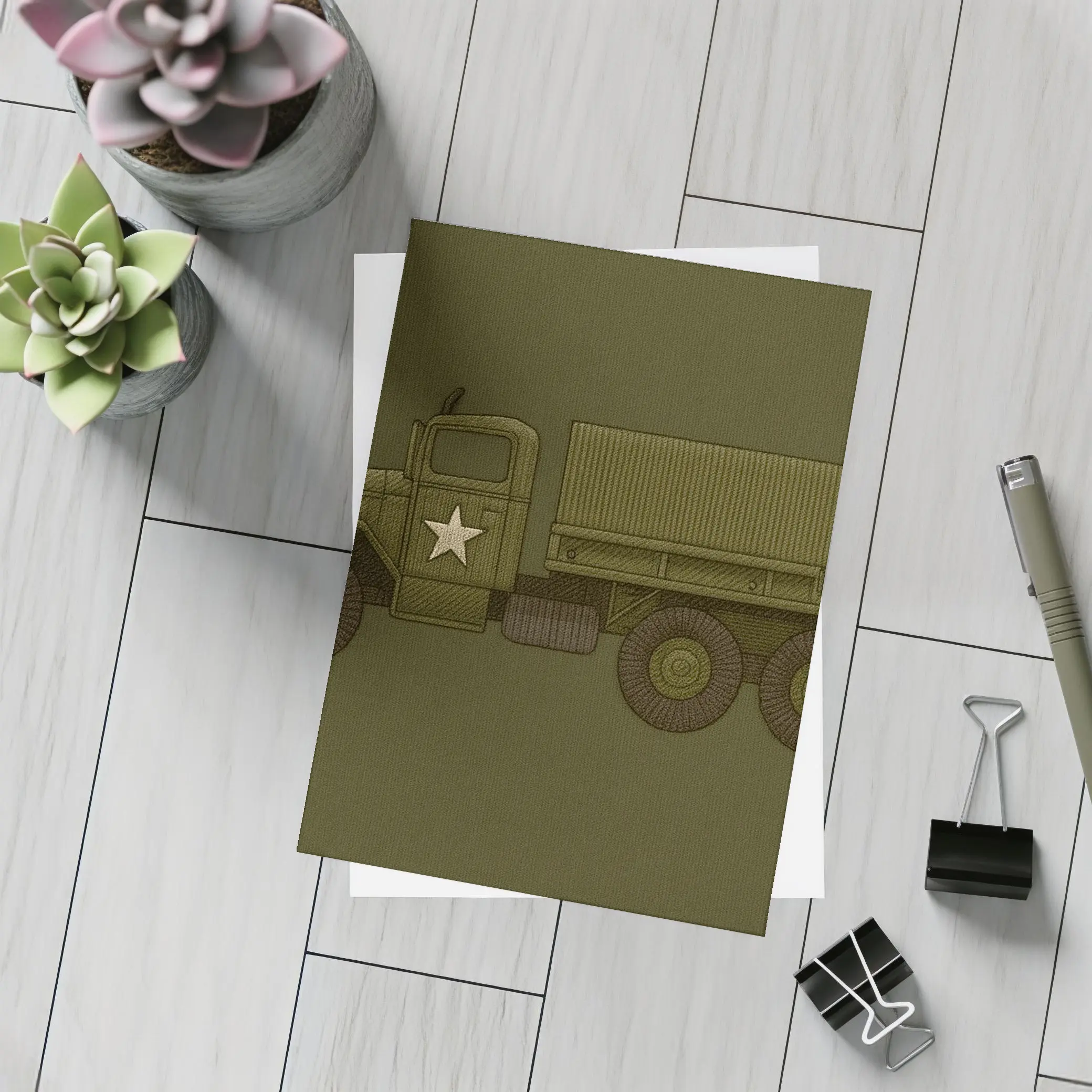 Military Army Truck Olive Green Embroidery Art – Postcards