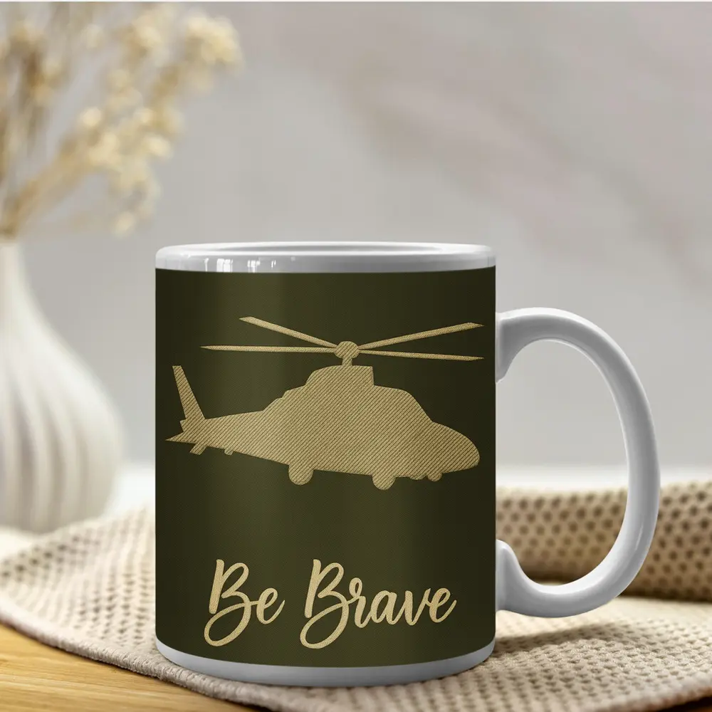 Be Brave Military Helicopter Olive Green Art – Mugs